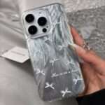 Ribbon Bow Wavy iPhone Case, Silver Bow