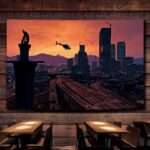 Gamer Wall Tapestry, City Skyline Sunset design