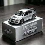 EVO-style rally sedan diecast car 1:36 in silver with gift box